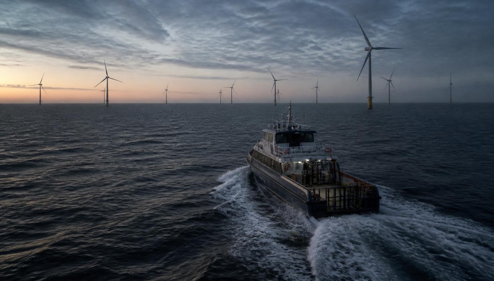 Crew transfer vessel sailing towards a North Sea offshore wind farm at dawn